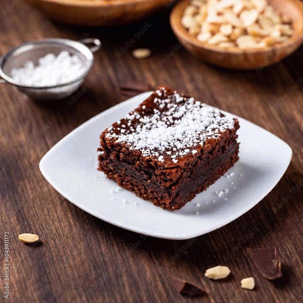 An aerial shot of a decadent chocolate brownie with a sprinkle of powdered sugar, with the brownie in sharp focus and the background gently fading into a blurred backdrop, emphasizing its rich and