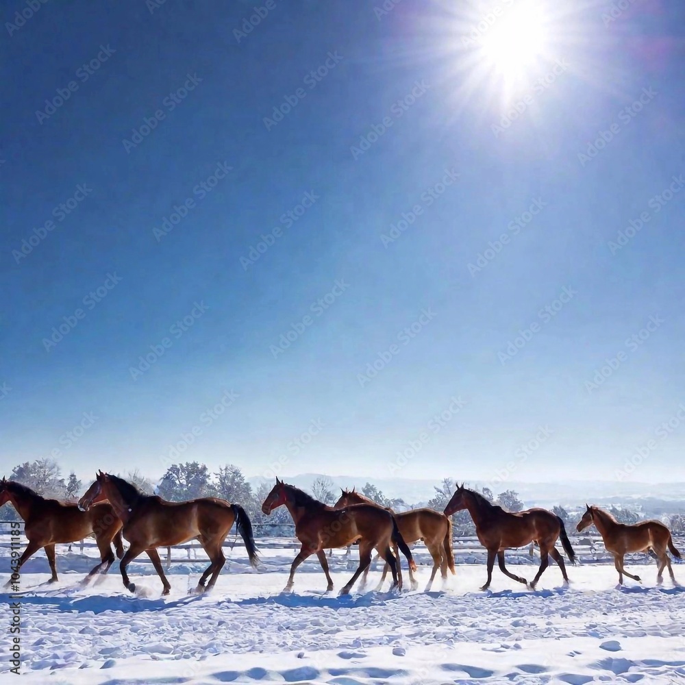 Obraz premium Create a photo-realistic image capturing the excitement of horse racing in a Winter Wonderland. Include details like snow-covered horses, frosted breath, and a wintry backdrop of snow-covered hills