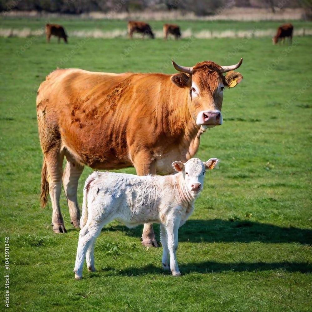 A full shot photo of a cow with its calf in a pasture, deep focus showing both the cow and calf from a high angle, highlighting the bond between them and the surrounding grassy field A full shot photo of a cow with its calf in a pasture, deep focus showing both the cow and calf from a high angle, highlighting the bond between them and the surrounding grassy field