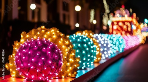 Twinkling lights decorating every inch of parade floats, creating a dazzling display