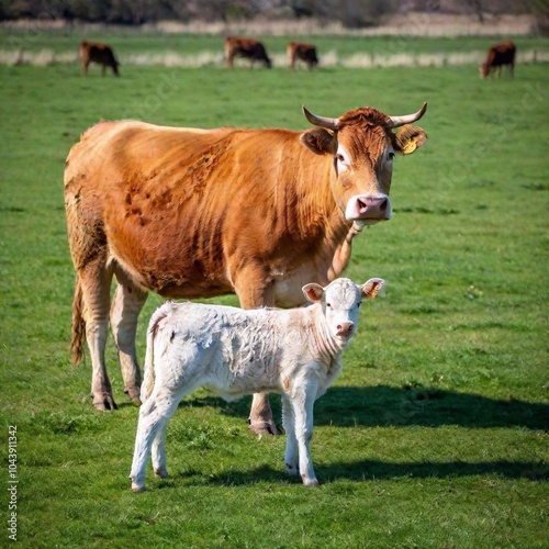 A full shot photo of a cow with its calf in a pasture, deep focus showing both the cow and calf from a high angle, highlighting the bond between them and the surrounding grassy field