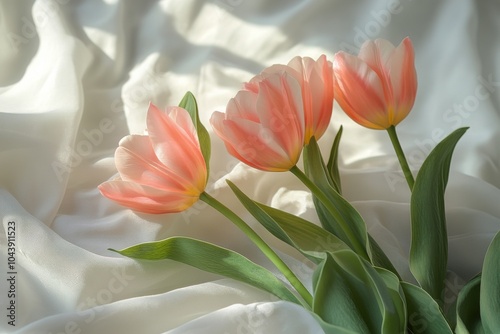 Elegant pink tulips on soft white fabric, capturing springtimes beauty and freshness photo