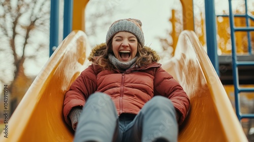 An adult sliding down a playground slide, laughing all the way down. Concept of rediscovering playground fun and unfiltered joy. photo