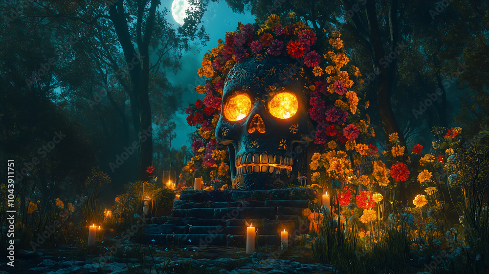 A skull-shaped altar, adorned with vibrant flowers, candles and intricate carvings A skull-shaped altar, adorned with vibrant flowers, candles and intricate carvings