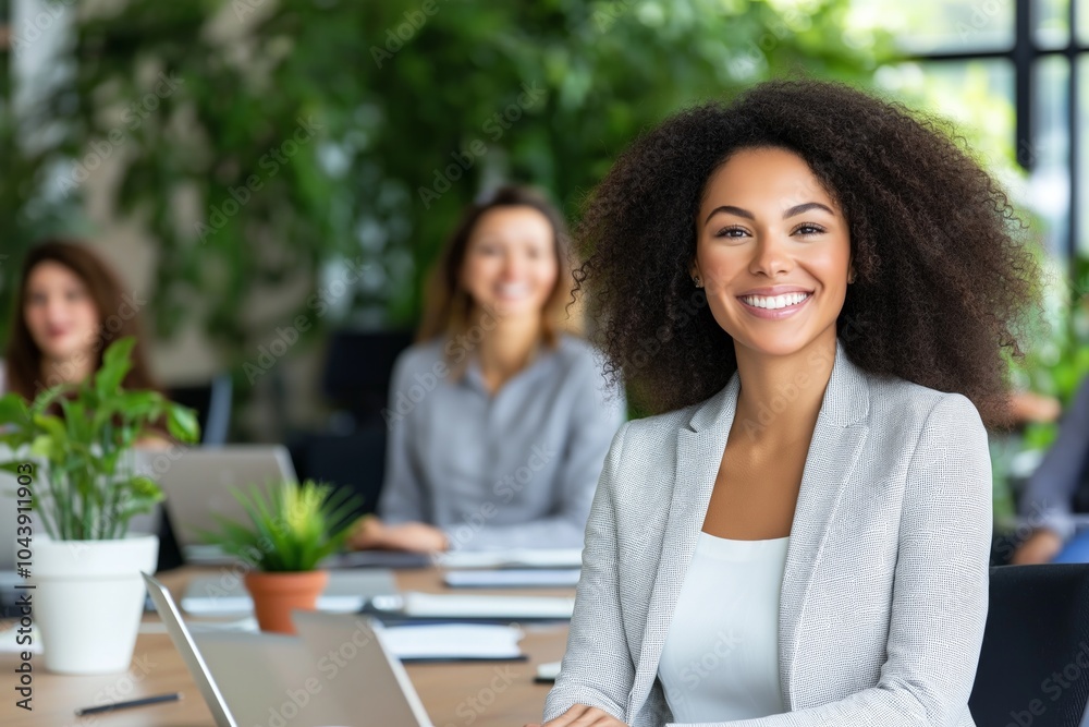 Smiling woman leads engaging group discussion in a contemporary office setting filled with plants Smiling woman leads engaging group discussion in a contemporary office setting filled with plants