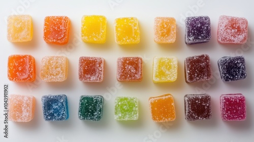 Colorful fruit jelly sugar candies forming a pattern on white background photo