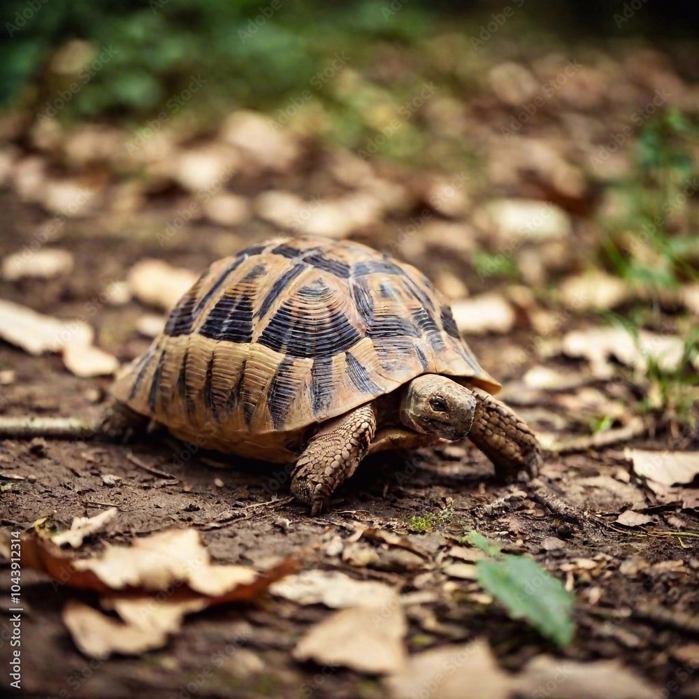 Fototapeta premium An ultra-realistic full shot photo of a land turtle walking slowly across a forest floor, with deep focus capturing the texture of its shell, the roughness of the ground, and the surrounding foliage.