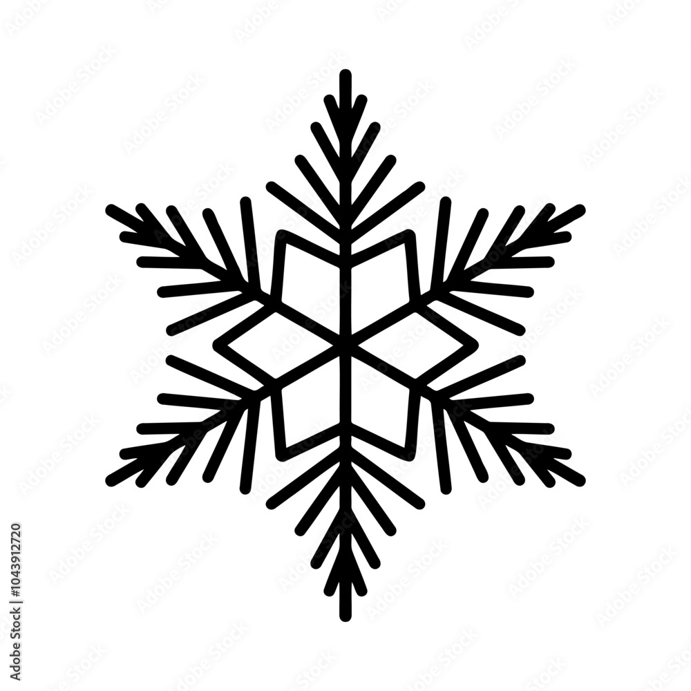 Beautiful snowflake, detailed hand drawn flat vector illustration. Graphic outline drawing. Christmas and New Year symbol. Unique snowflake silhouette icon for frosty winter designs and decorations.