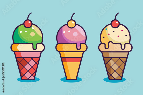  vector of 3 different ice cream flavors in cones
