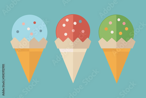  vector of 3 different ice cream flavors in cones