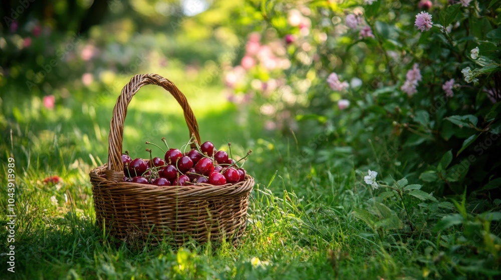 A basket of cherries placed in a lush garden setting, with green grass and flowers in the background. A basket of cherries placed in a lush garden setting, with green grass and flowers in the background.