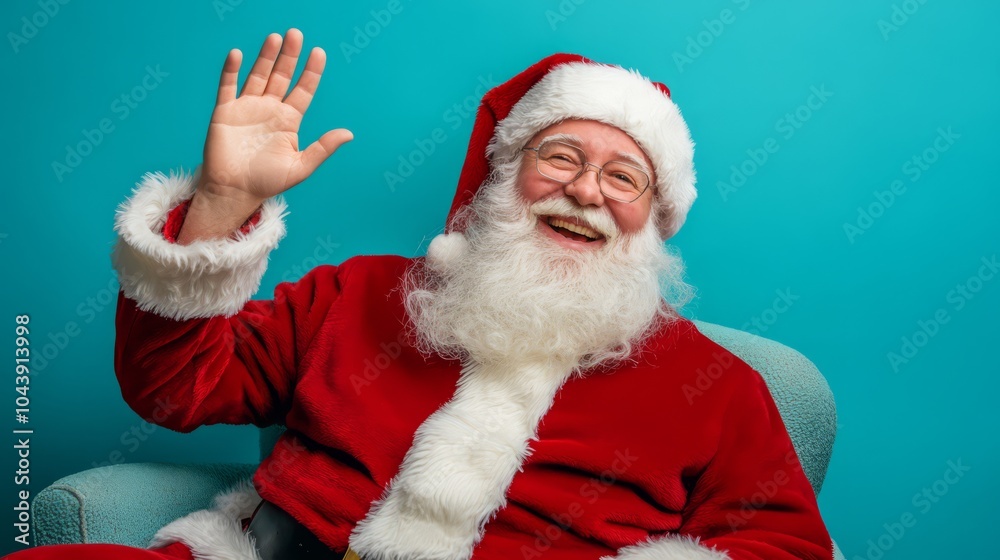 Santa Claus Holiday Cheer: A jolly Santa Claus, radiating holiday spirit, waves a warm greeting against a vibrant blue backdrop. Santa Claus Holiday Cheer: A jolly Santa Claus, radiating holiday spirit, waves a warm greeting against a vibrant blue backdrop.