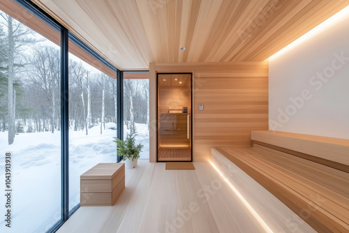 Wooden sauna in a forest surrounded by greenery