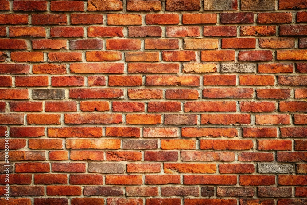 Fototapeta premium Red brick wall with deposits and stone texture reflected in background