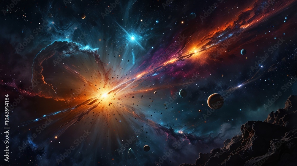 A vibrant and colorful nebula with a bright explosion, surrounded by planets and stars in space. A vibrant and colorful nebula with a bright explosion, surrounded by planets and stars in space.