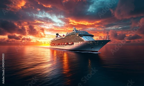 A cruise ship at sunset, reflecting vibrant colors on the water.