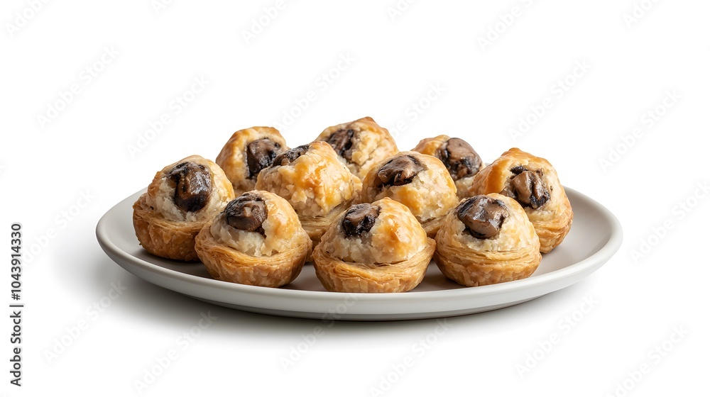 Delicious mushroom vol-au-vents on white plate – gourmet appetizer delight Delicious mushroom vol-au-vents on white plate – gourmet appetizer delight