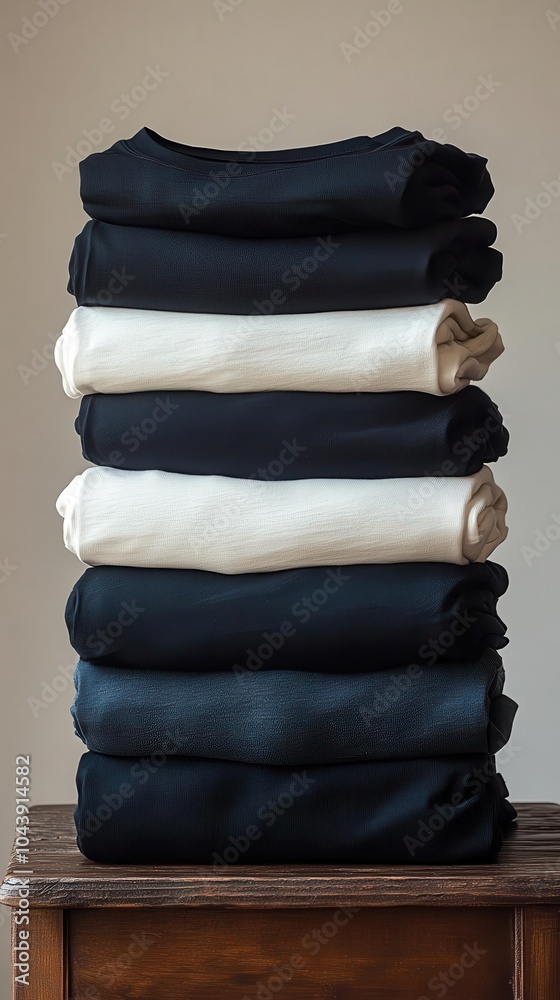 a meticulously arranged stack of neatly folded black and white tshirts showcasing unique and creative designs perfect for apparel display against a clean minimalist background a meticulously arranged stack of neatly folded black and white tshirts showcasing unique and creative designs perfect for apparel display against a clean minimalist background