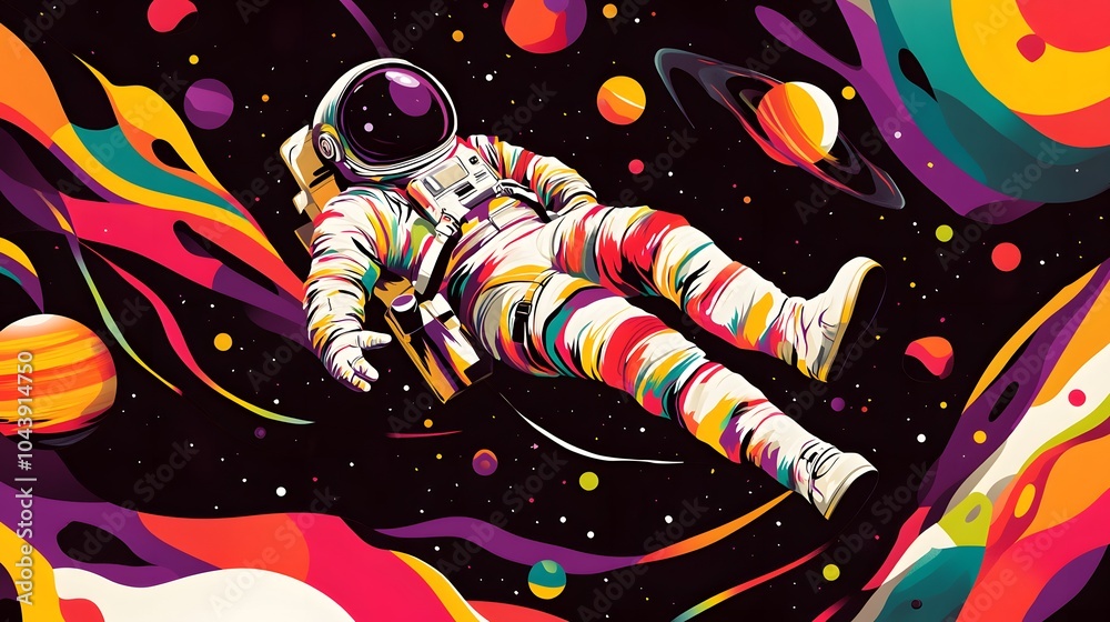 An astronaut floating in space, surrounded by colorful planets and galaxies, illustrated with flat design elements. An astronaut floating in space, surrounded by colorful planets and galaxies, illustrated with flat design elements.