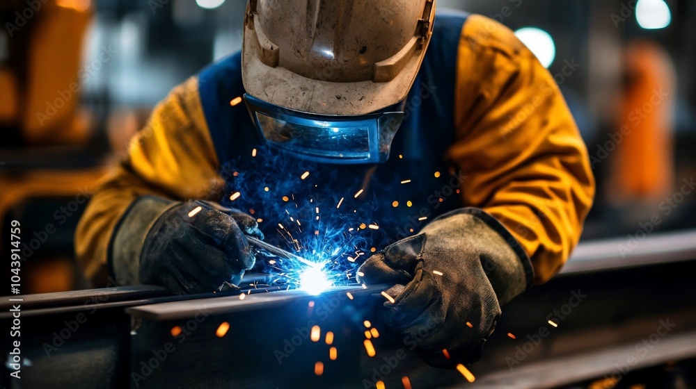 A welder wearing a helmet and safety glasses works on a metal beam in a factory, sparks flying from the welding torch. A welder wearing a helmet and safety glasses works on a metal beam in a factory, sparks flying from the welding torch.