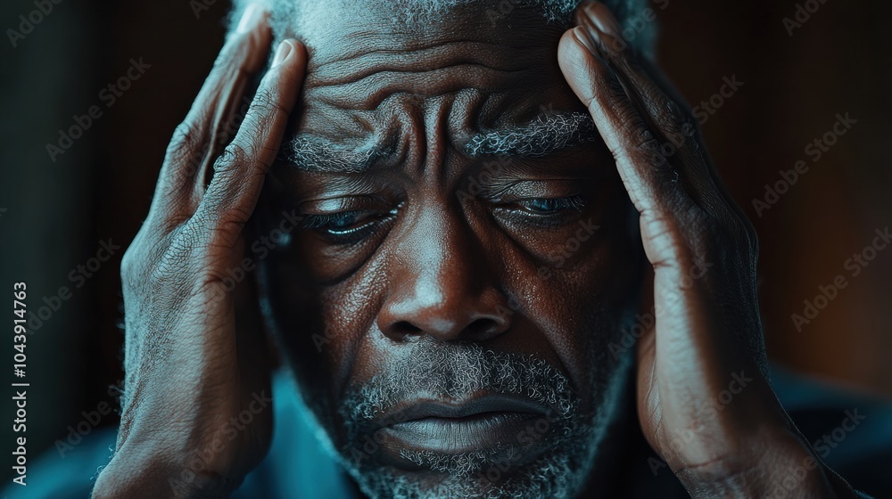 Senior black man suffering from severe headache close up, black man holding his head from fatigue or glaucoma Senior black man suffering from severe headache close up, black man holding his head from fatigue or glaucoma