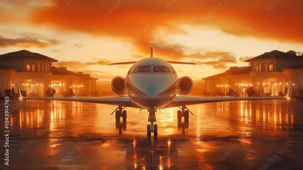 A luxurious private jet parked between elegant buildings at sunset, perfect for illustrating high-end travel and luxury aviation A luxurious private jet parked between elegant buildings at sunset, perfect for illustrating high-end travel and luxury aviation