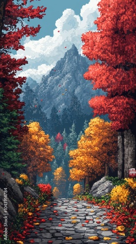 a pixelated landscape reminiscent of classic 8bit games featuring colorful trees a retrostyled levelup button and an adventurous atmosphere for gamers photo