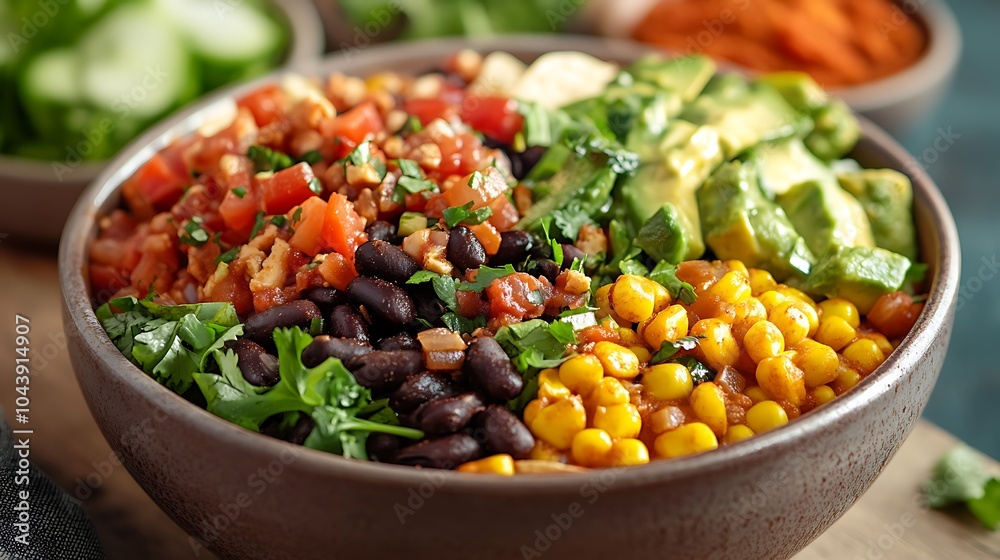 Close-up of a Bowl of Black Beans, Corn, Avocado, Tomato, and Cilantro. Close-up of a Bowl of Black Beans, Corn, Avocado, Tomato, and Cilantro.