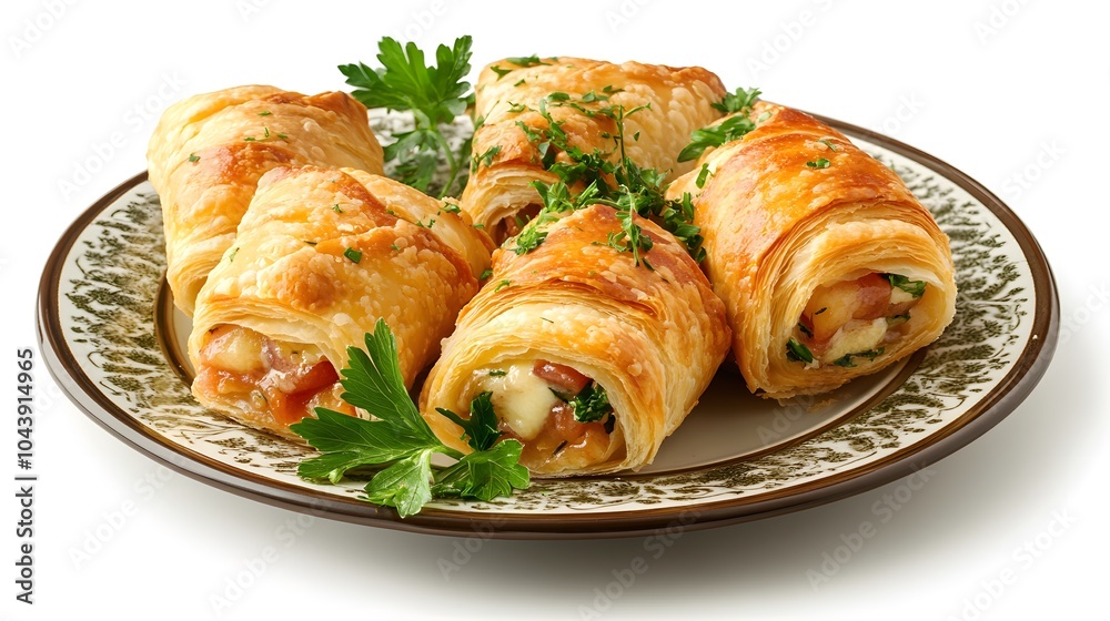 Delicious golden puff pastry rolls with savory filling on ornate plate Delicious golden puff pastry rolls with savory filling on ornate plate
