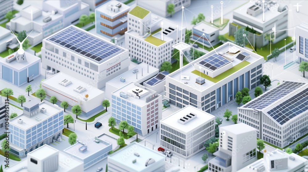 Aerial View of a Modern City Featuring Green Architecture and Renewable Energy Systems Aerial View of a Modern City Featuring Green Architecture and Renewable Energy Systems