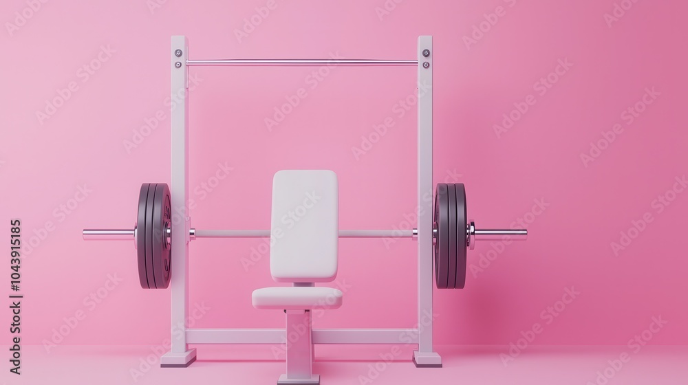 A weightlifting bench with a barbell against a vibrant pink backdrop, blending fitness with a playful aesthetic.