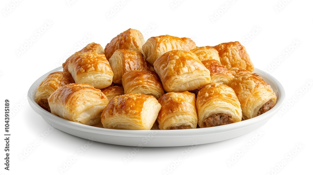 Delicious golden sausage rolls piled on a white plate Delicious golden sausage rolls piled on a white plate
