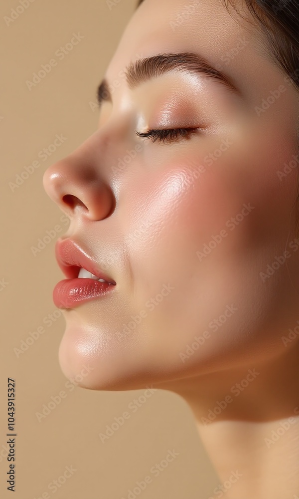 Close up profile flawless skin dewy complexion rosy Close up profile flawless skin dewy complexion rosy