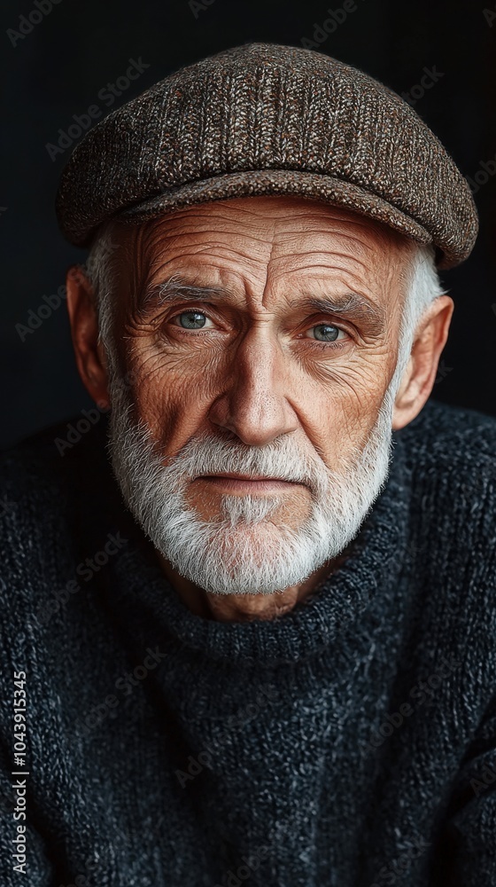 A close-up portrait of an older man with a beard wearing a knitted sweater and a hat, showcasing wisdom and experience in a dimly lit environment A close-up portrait of an older man with a beard wearing a knitted sweater and a hat, showcasing wisdom and experience in a dimly lit environment