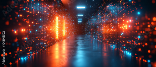 Futuristic Neon Lights in a Glowing Corridor with Red and Blue Sparkle Effect