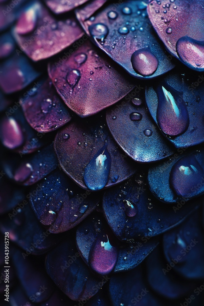 Obraz premium Shimmering water droplets on iridescent scales at twilight revealing vibrant colors