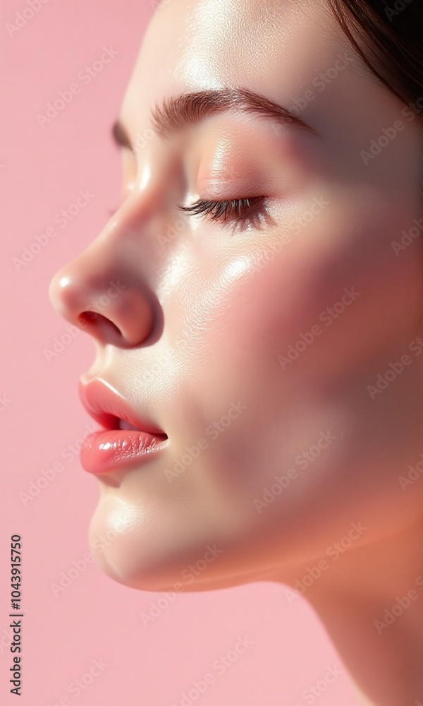 Close up profile flawless skin dewy complexion rosy Close up profile flawless skin dewy complexion rosy