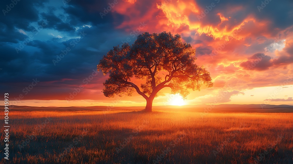 Obraz premium Silhouetted Tree Against Dramatic Sunset Sky.