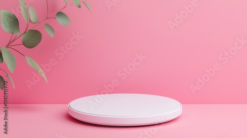 A minimalist white platform displayed against a soft pink background, accented by green leaves, creating a fresh and modern aesthetic.