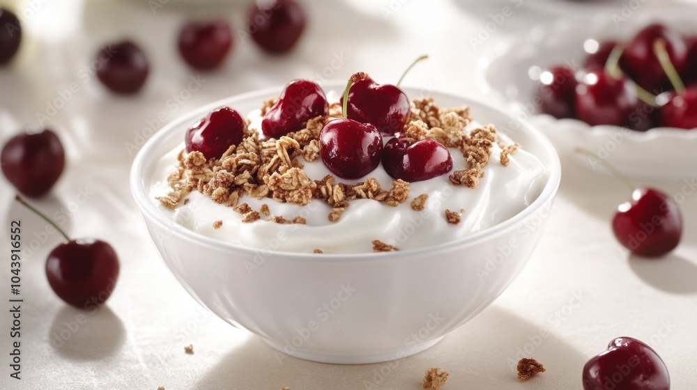A bowl of yogurt topped with fresh cherries and granola, set on a light breakfast table.