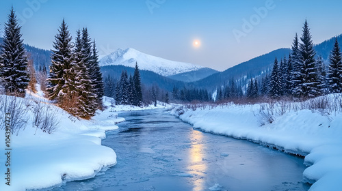 frozen and snow covered mountain river at night carpathian winter landscape in full moon light light spruce forest on the river bank