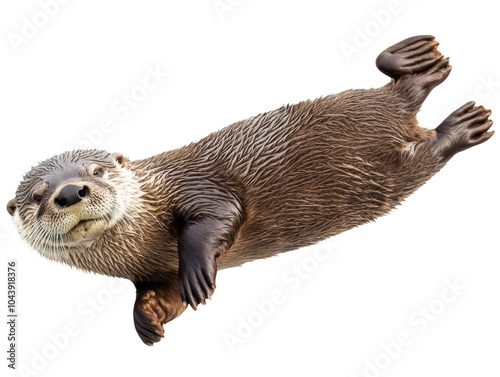 Playful river otter floating with curiosity in its eyes, showcasing its smooth fur coat.