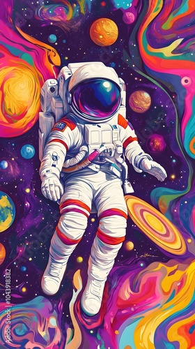 An astronaut floating in space, surrounded by colorful planets and galaxies, illustrated with flat design elements.