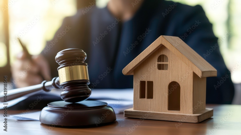 A wooden gavel and a miniature house model on a desk with a blurred background of a person with a pen.