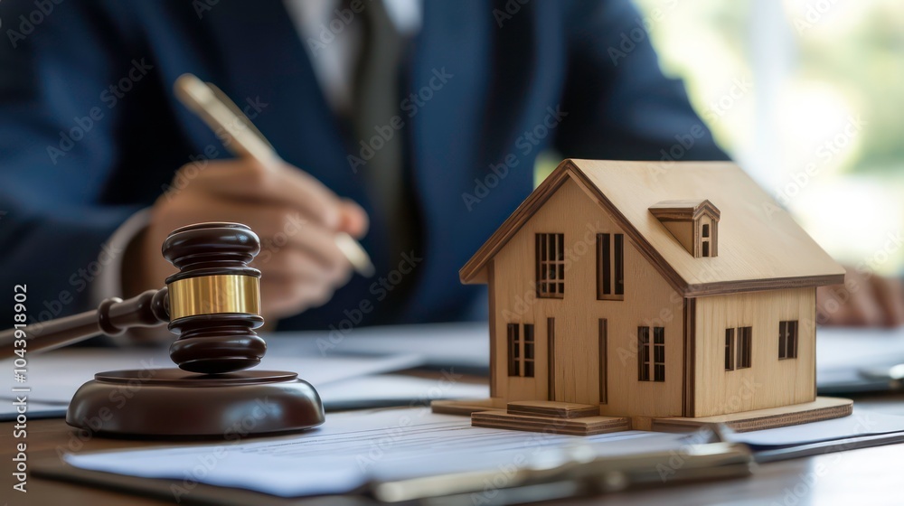 A wooden model house sits on a table with a gavel and legal documents. A person's hand is holding a pen, suggesting the process of signing a contract.