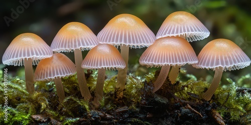  Cluster of small, delicate mushrooms with translucent orange caps growing on forest floor, capturing the intricate beauty of fungi in natural habitat.