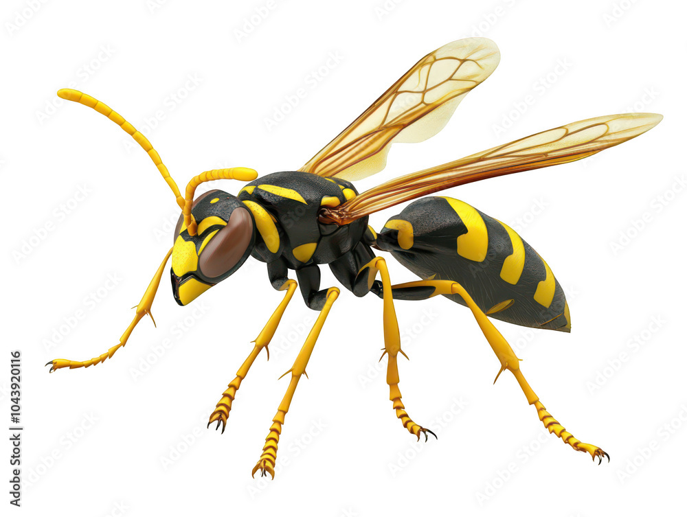 Detailed 3D rendering of a wasp displaying vibrant yellow and black coloration.
