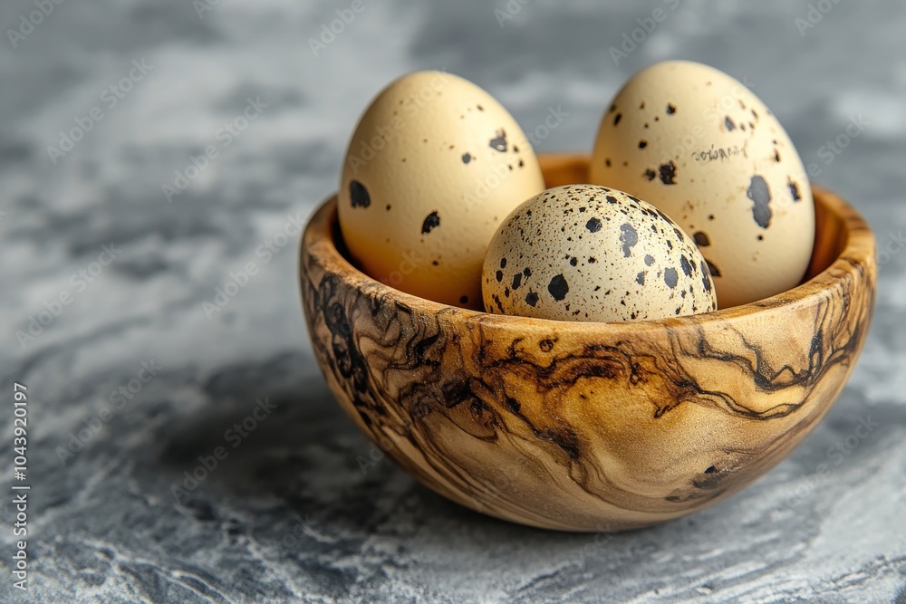 A wooden bowl filled with speckled eggs resting on a textured gray surface in natural light A wooden bowl filled with speckled eggs resting on a textured gray surface in natural light