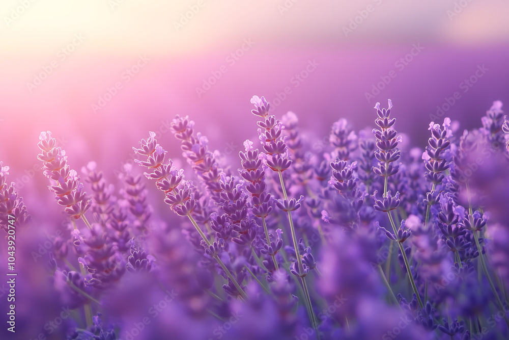 Naklejka premium Lavendelfelder in Südfrankreich, Unendliche Lavendelfelder in der Provence, Lavendelblüte im goldenen Sonnenlicht mit Lichtstimmung und feinem Bokeh