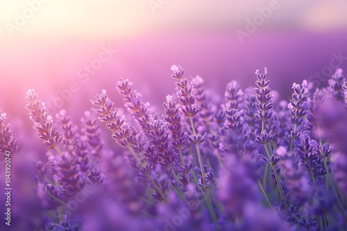 Lavendelfelder in Südfrankreich, Unendliche Lavendelfelder in der Provence, Lavendelblüte im goldenen Sonnenlicht mit Lichtstimmung und feinem Bokeh photo